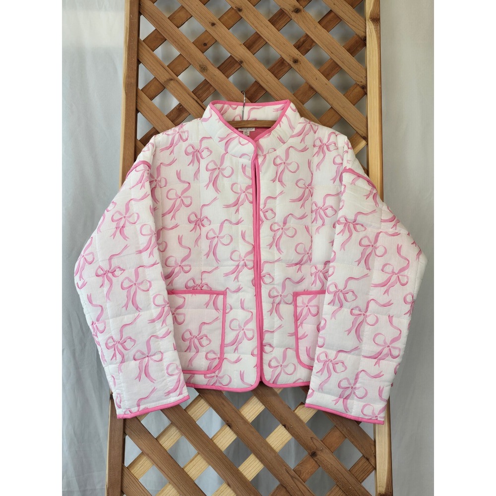 Mud Pie Cher Block Print Jacket Womens M/L White Pink Bows Quilted -New